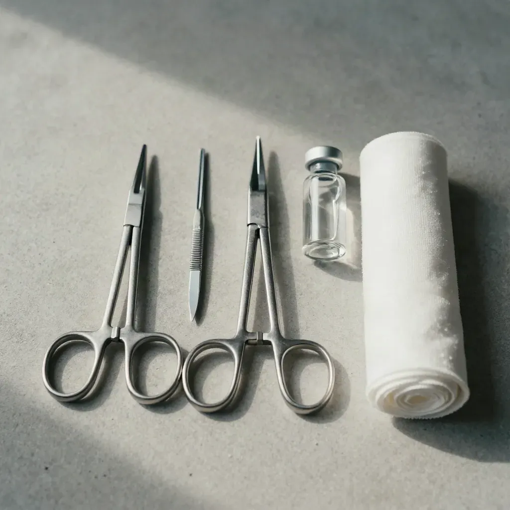 Top-down surgical instruments, vial, and sterile wrap on pale concrete.