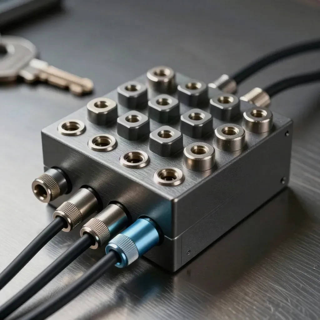 Graphite relay block with terminal blocks and braided cables on brushed metal, lit dramatically.