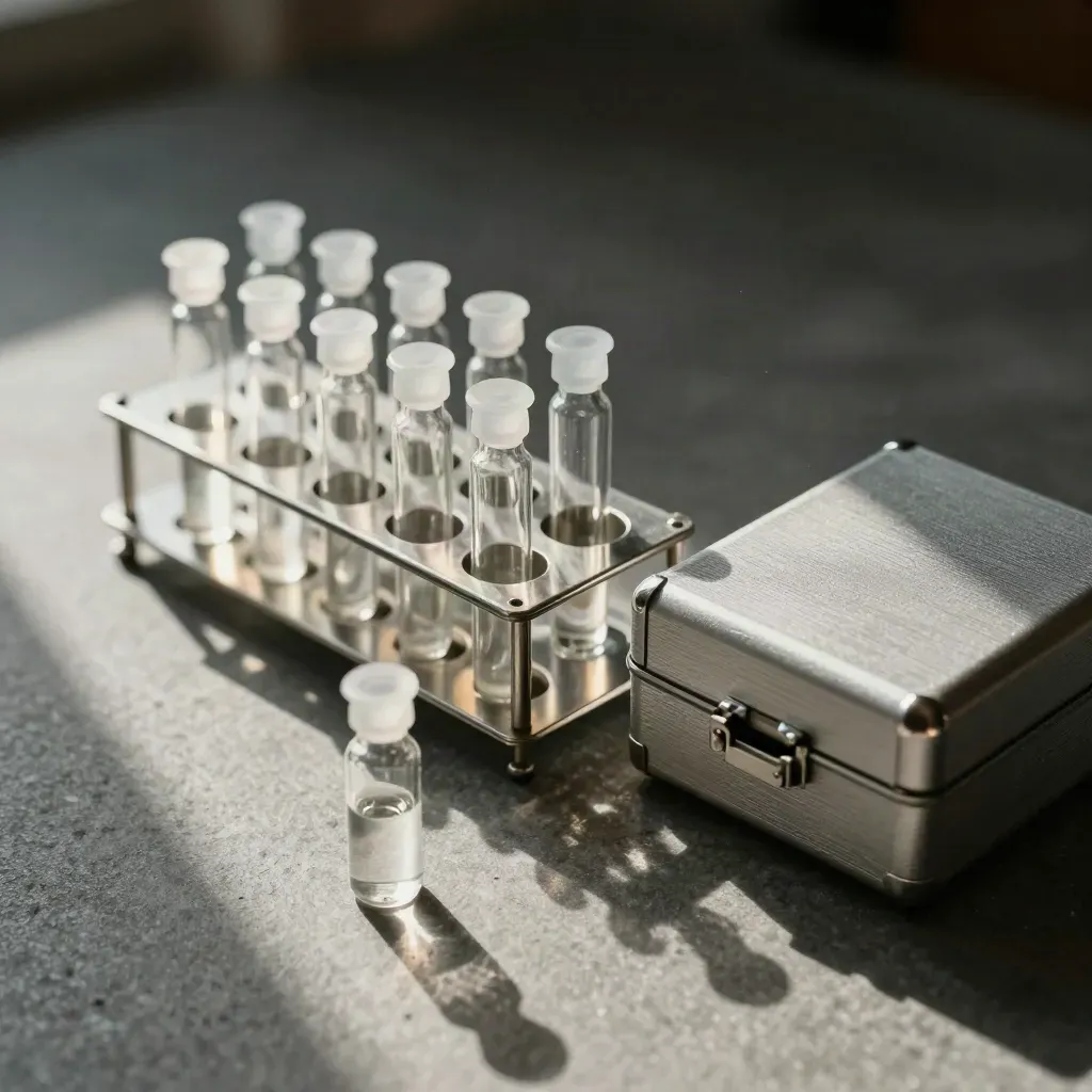 Biotech lab still life with vials, microtube rack, and aluminum specimen case on stone.