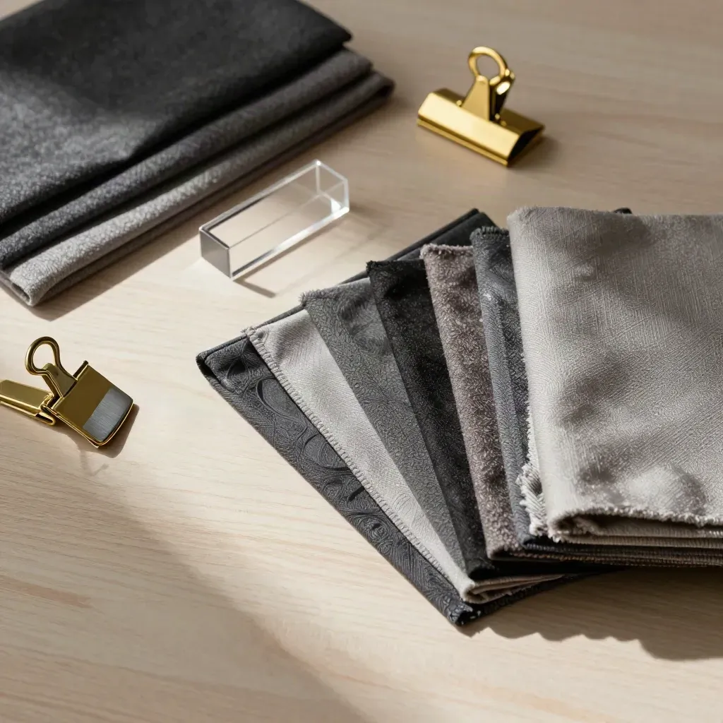 Retail textiles, brass clips, and acrylic risers on pale wood in soft daylight.