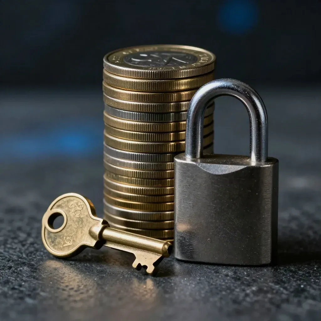 Brass key, lock cylinder, and coin trays on dark stone with blue glow