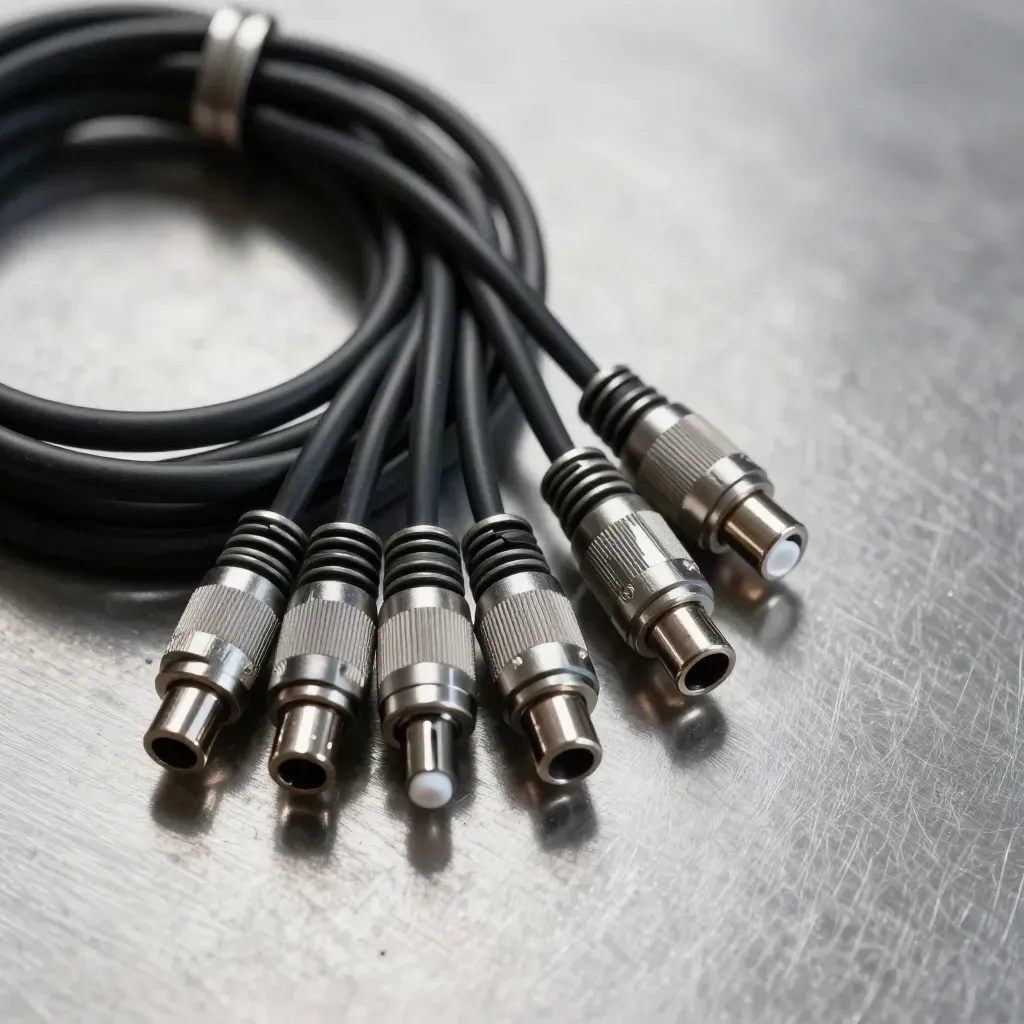 Overhead macro of audio cables, film canisters, and connector barrels on brushed aluminum.