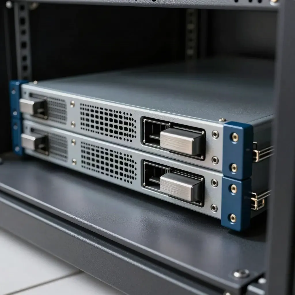 Rackmount server chassis sliding into rails on a dark graphite service floor.