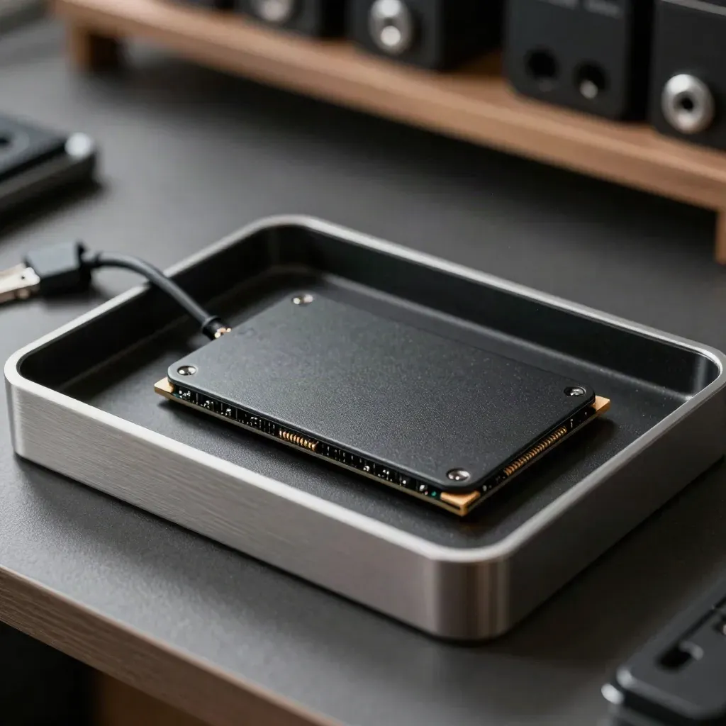 SSD in anti-static tray with SATA cable and heatsink plate on a charcoal bench.