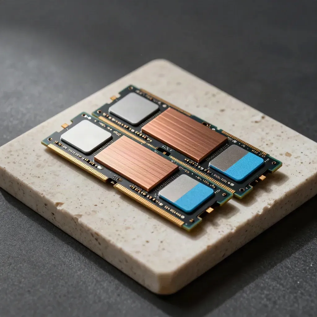 Top-down still life of RAM DIMMs, NVMe drive, and copper heatsink on pale stone.