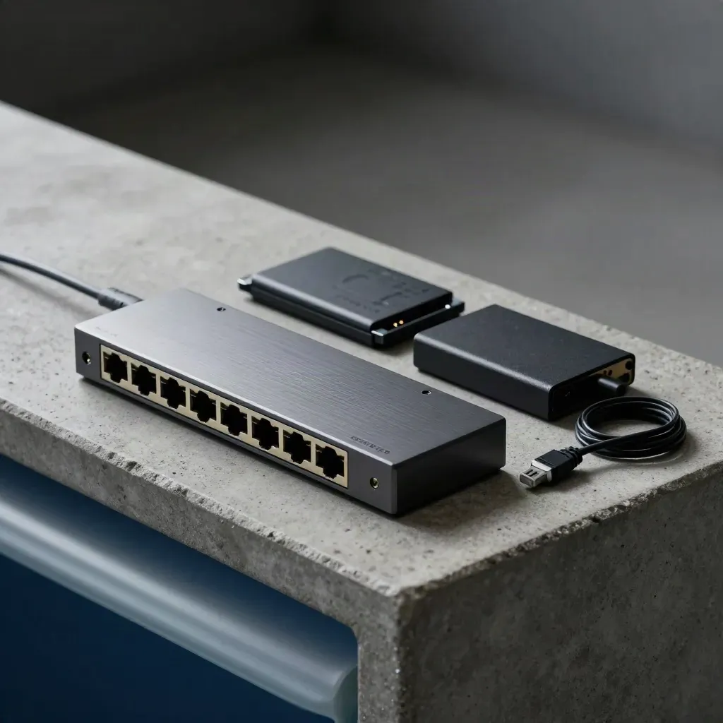 Compact modem, network switch, SSD sleeve and cable ties on concrete with frosted glass foreground