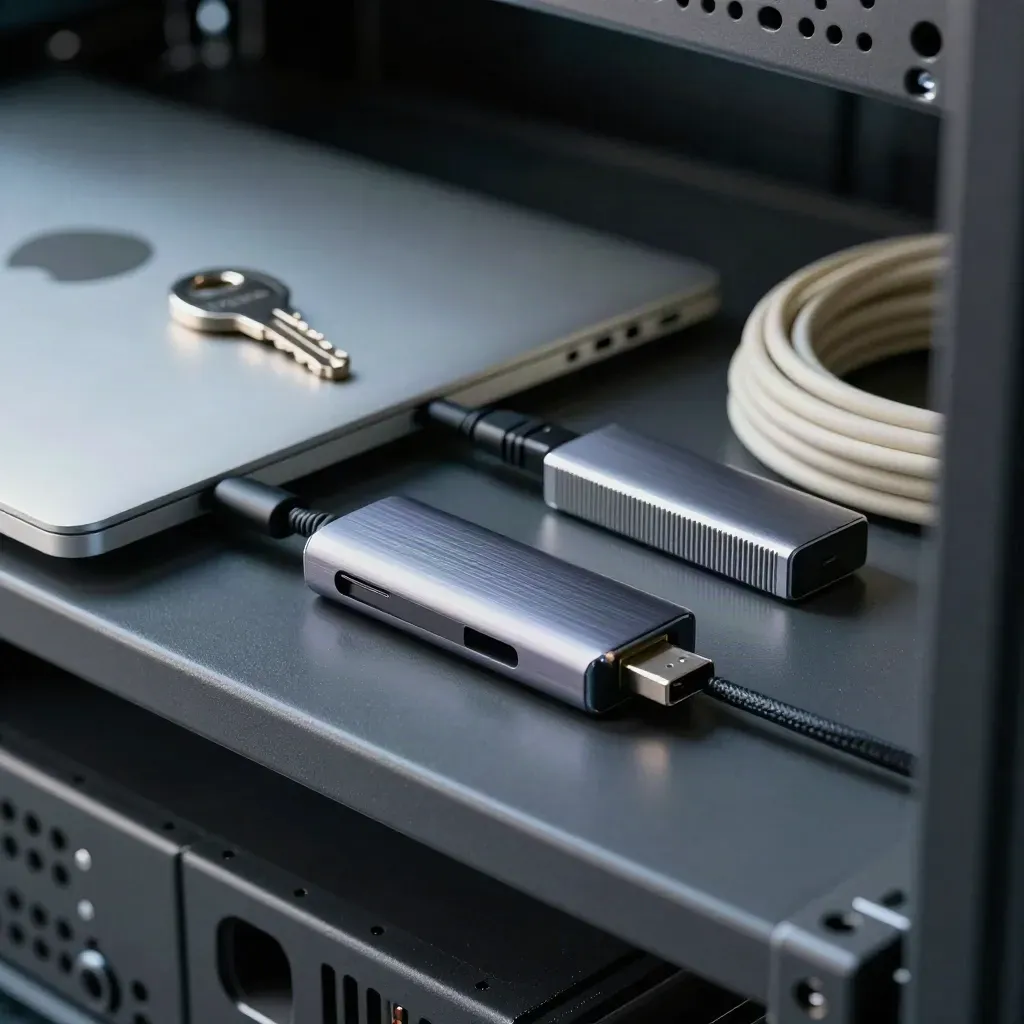 Macro of a developer handoff kit: laptop, security key, USB-C hub, NVMe enclosure and Ethernet cable.