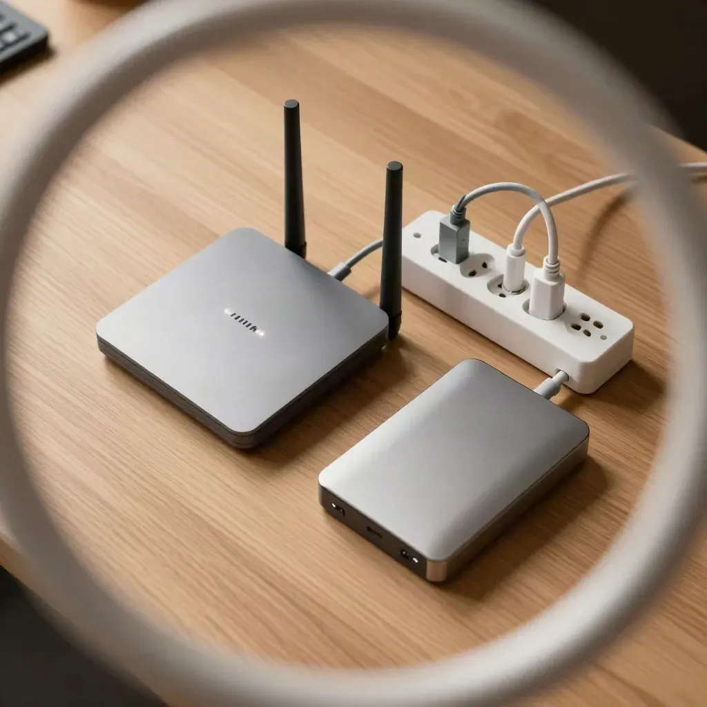 Overhead still life of a router, access point, backup drive and power strip on pale wood.