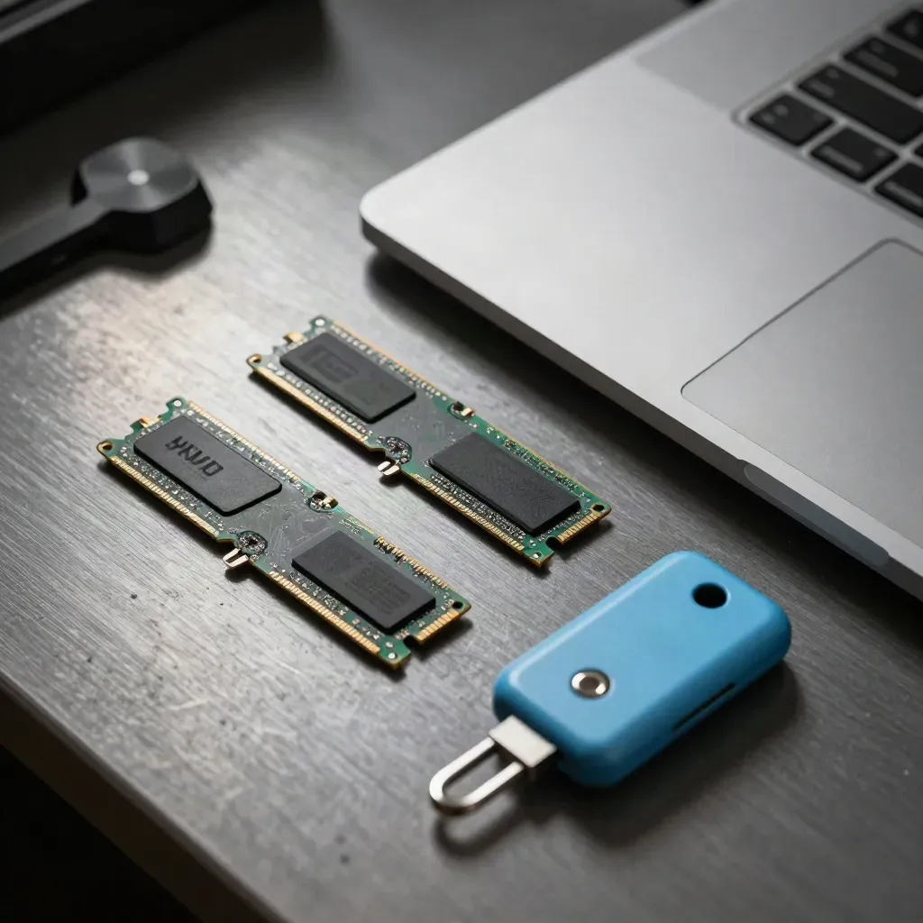 Closed laptop with RAM, NVMe module, and blue hardware key on brushed metal