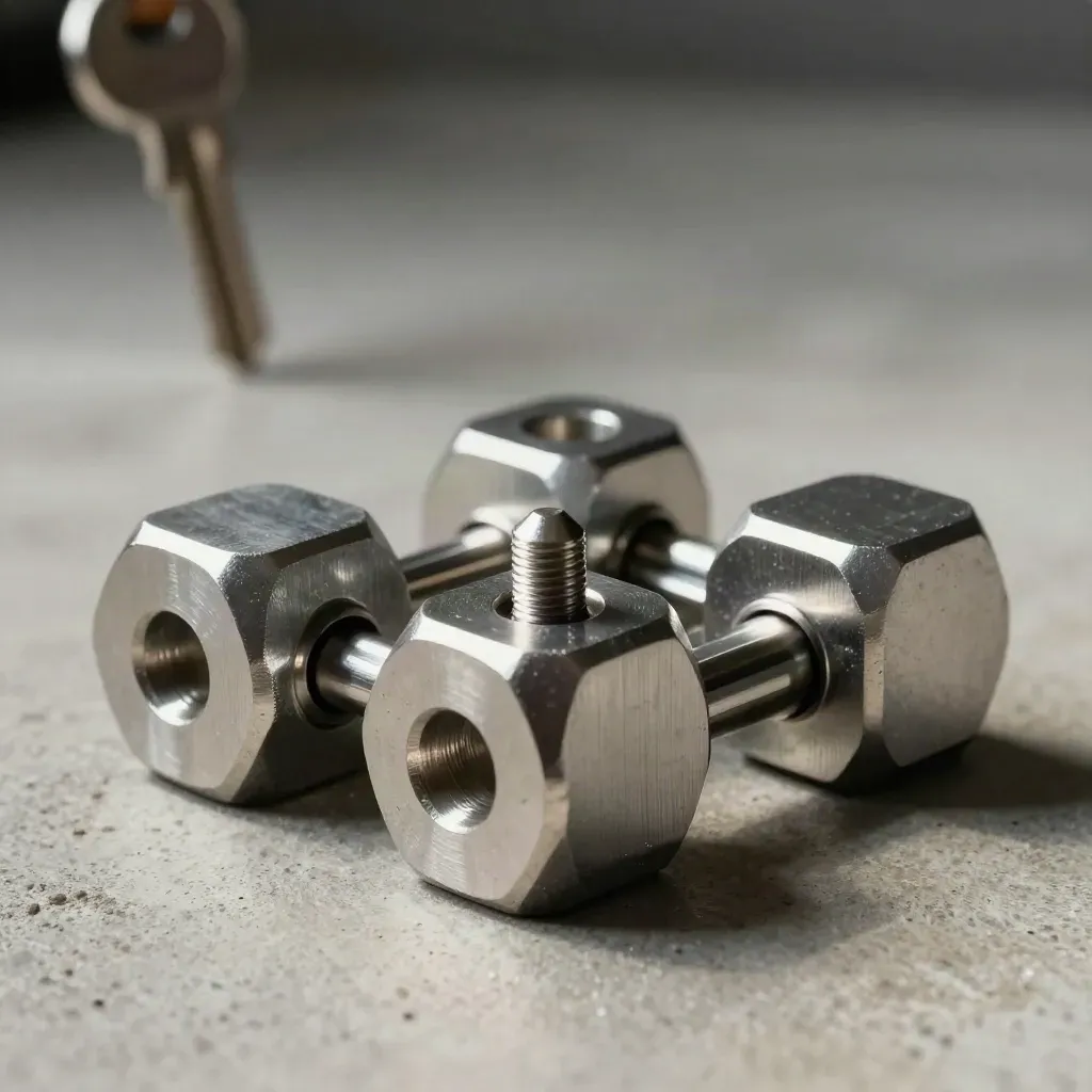 Brushed-aluminum blocks and hex couplers meshing on pale concrete under hard side light