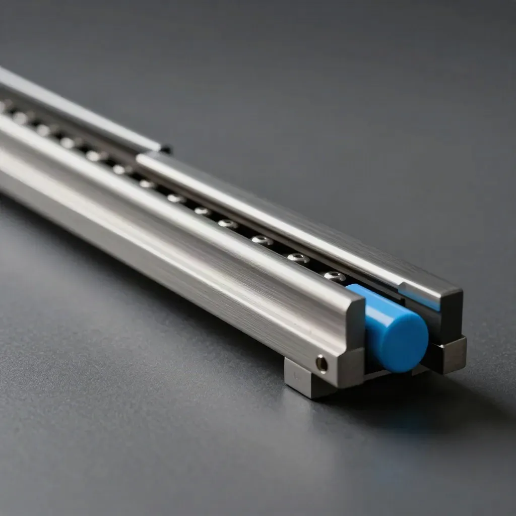 Linear rails and bearings in motion on a graphite surface, with one sky-blue spacer