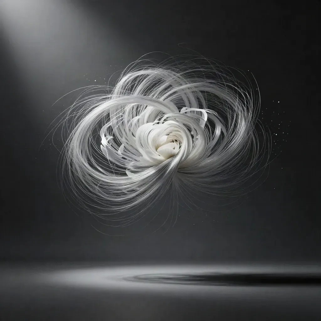 Silver light filaments converge into a soft bloom in a dark abstract field with open copy space.