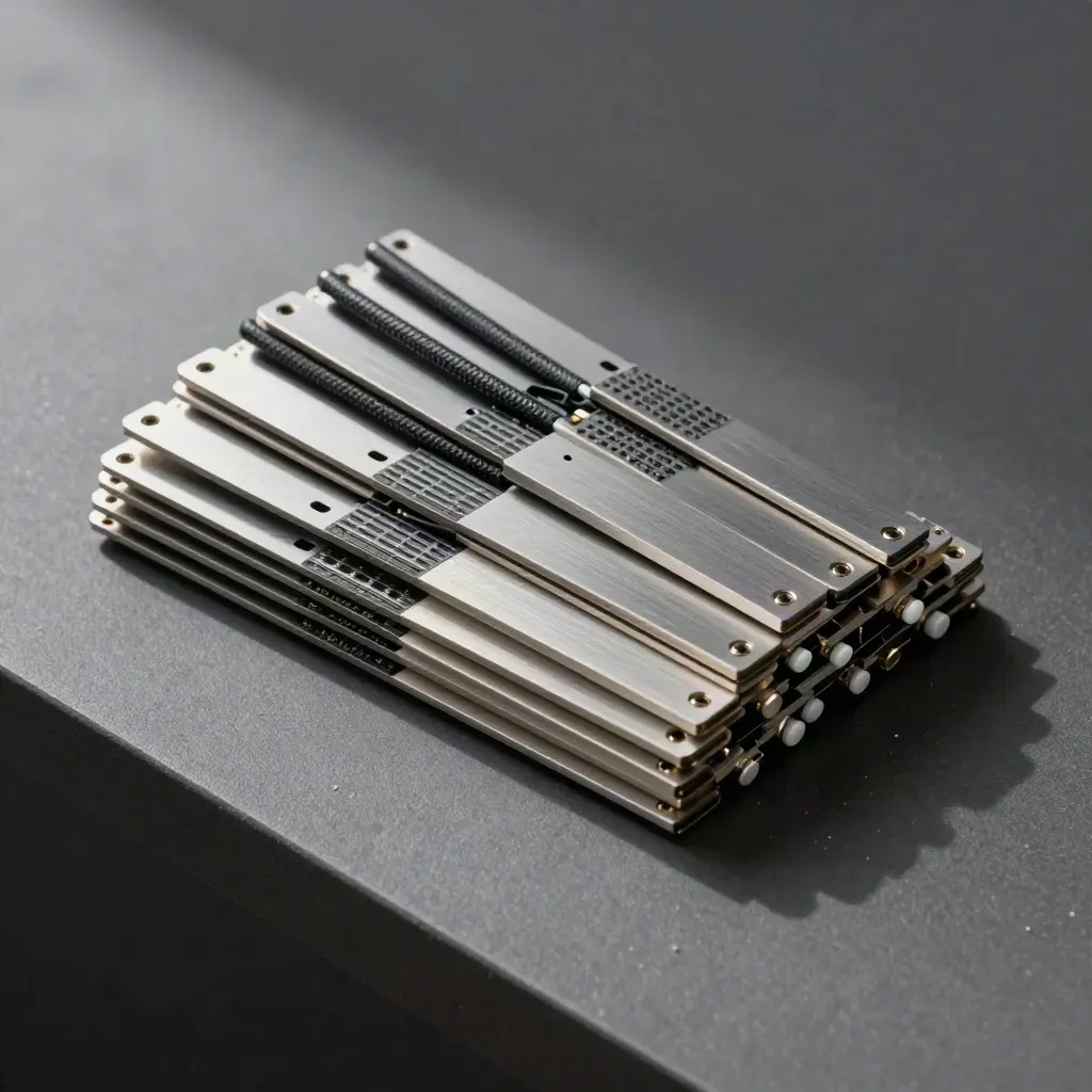 Overhead cluster of sensor modules, braided cables, and vented metal tiles on dark basalt.
